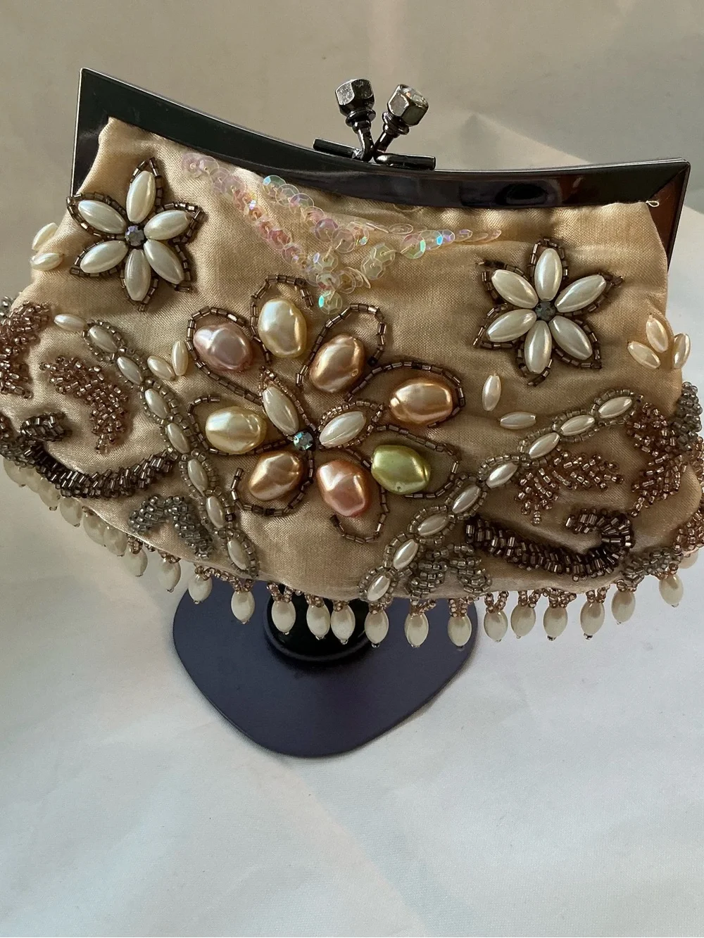 Vintage Women’sCream Gold Bronze Sequin Beaded Purse Evening Bag Clutch Vtg 50s
